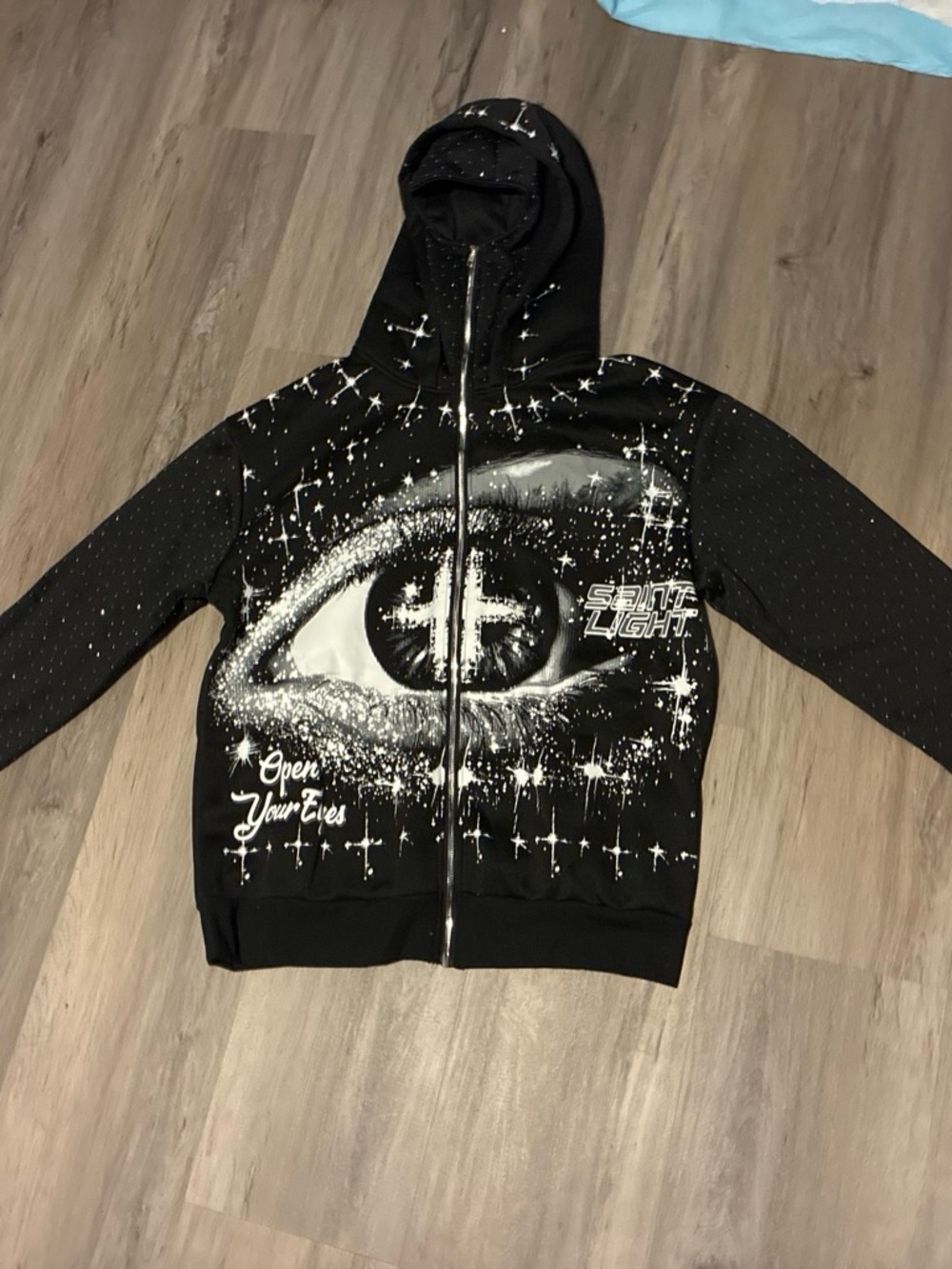 Black Zip-Up Hoodie with Eye Graphic - Open Your Eyes